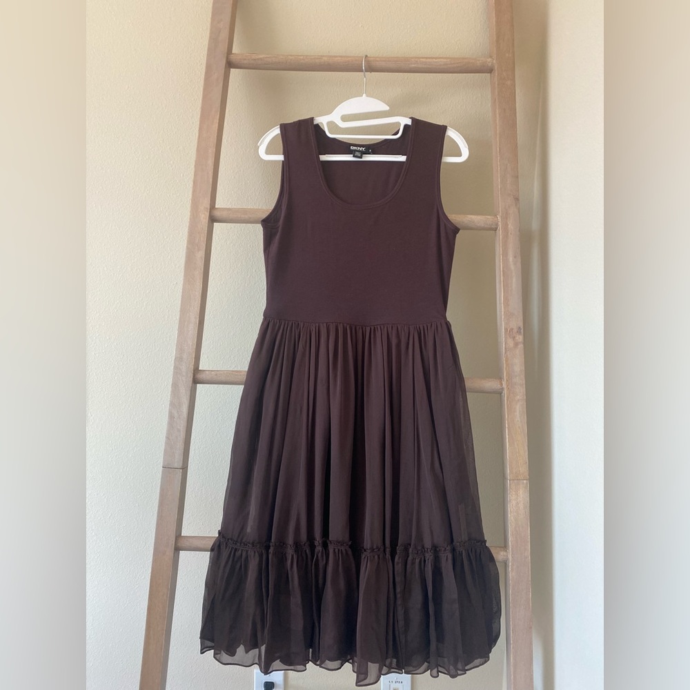 Lightly worn - DKNY brown cotton (top) & silk (bottom) dress - Size 8